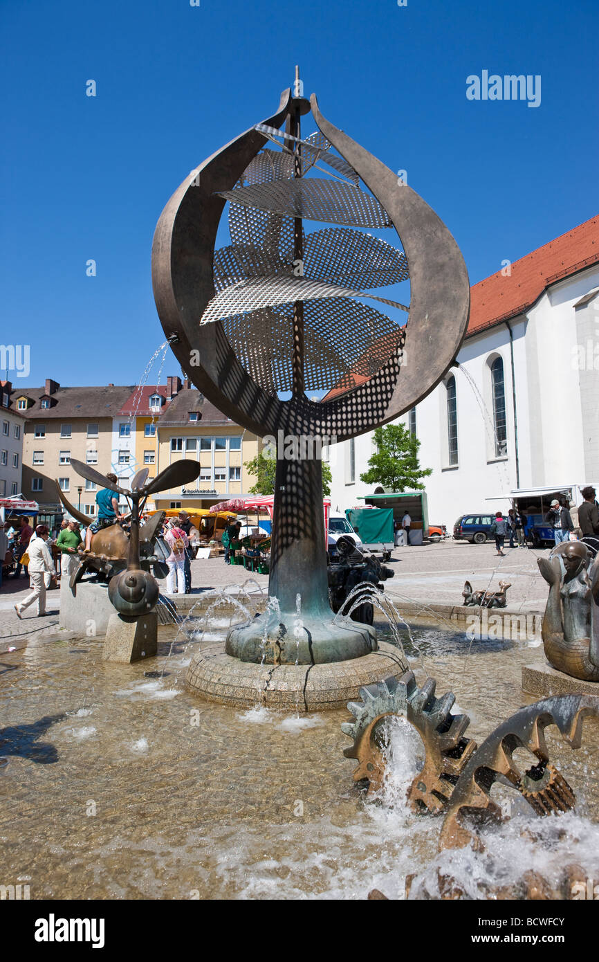 Buchhornbrunnen Fountain, St Nikolauskirche Church in the back, Friedrichshafen on Lake Constance, Baden-Wuerttemberg, Germany, Stock Photo