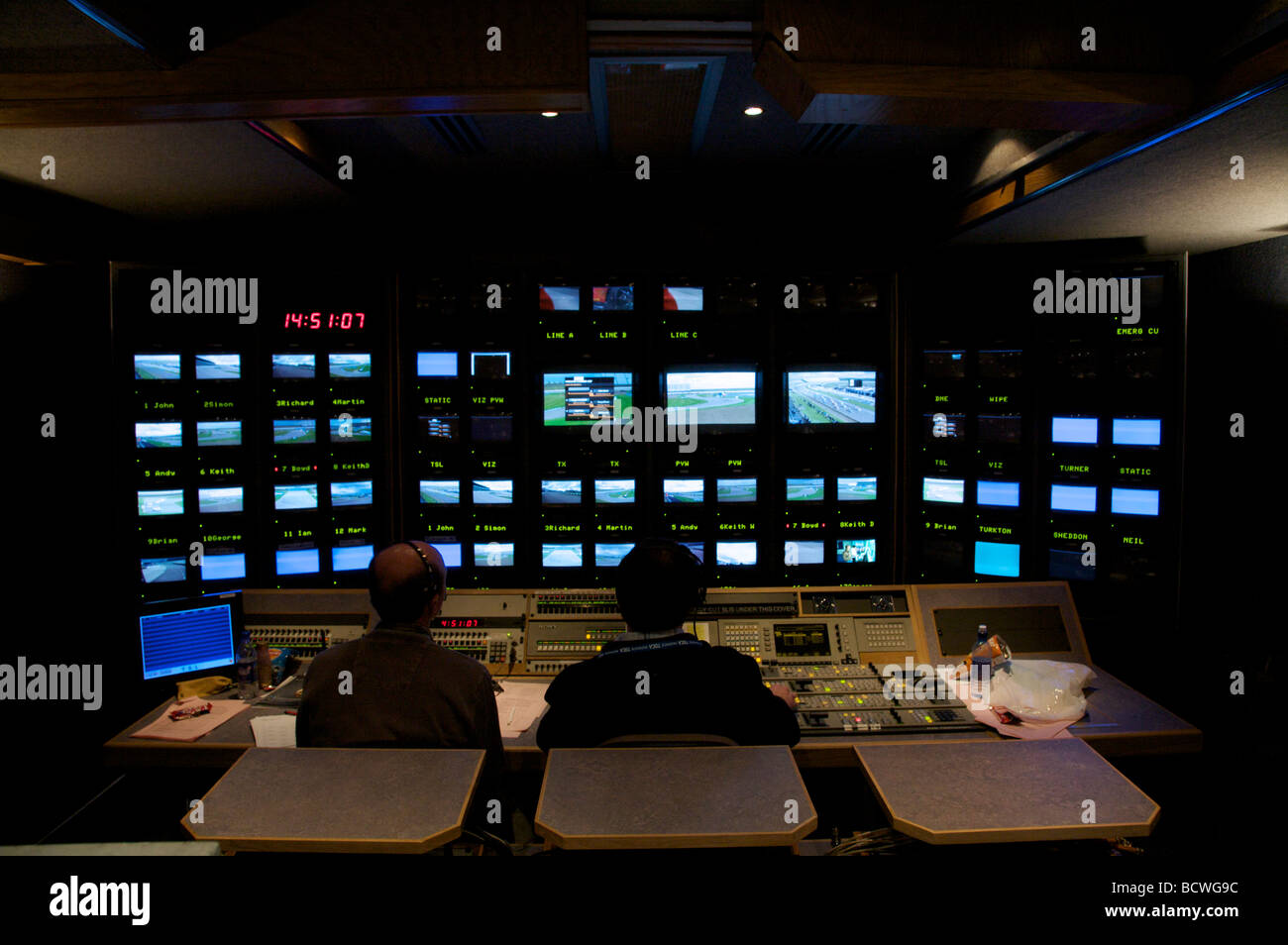 Outside Broadcast Truck, interior showing gallery and producers Stock Photo