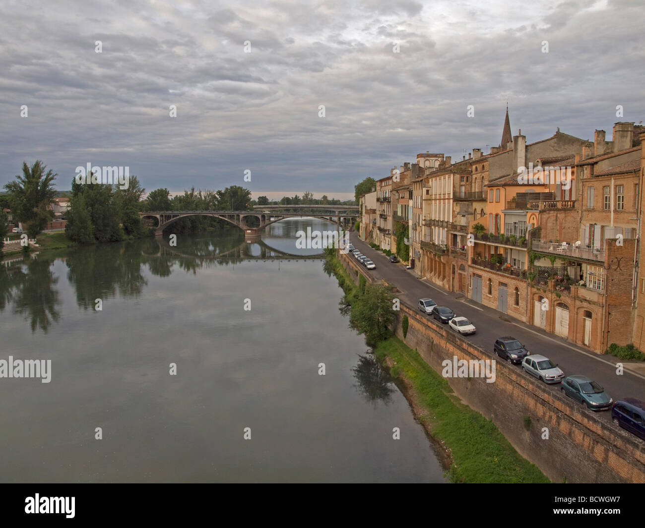 river Tarn in the background old bridge and houses at the bank in Montauban in France Stock Photo