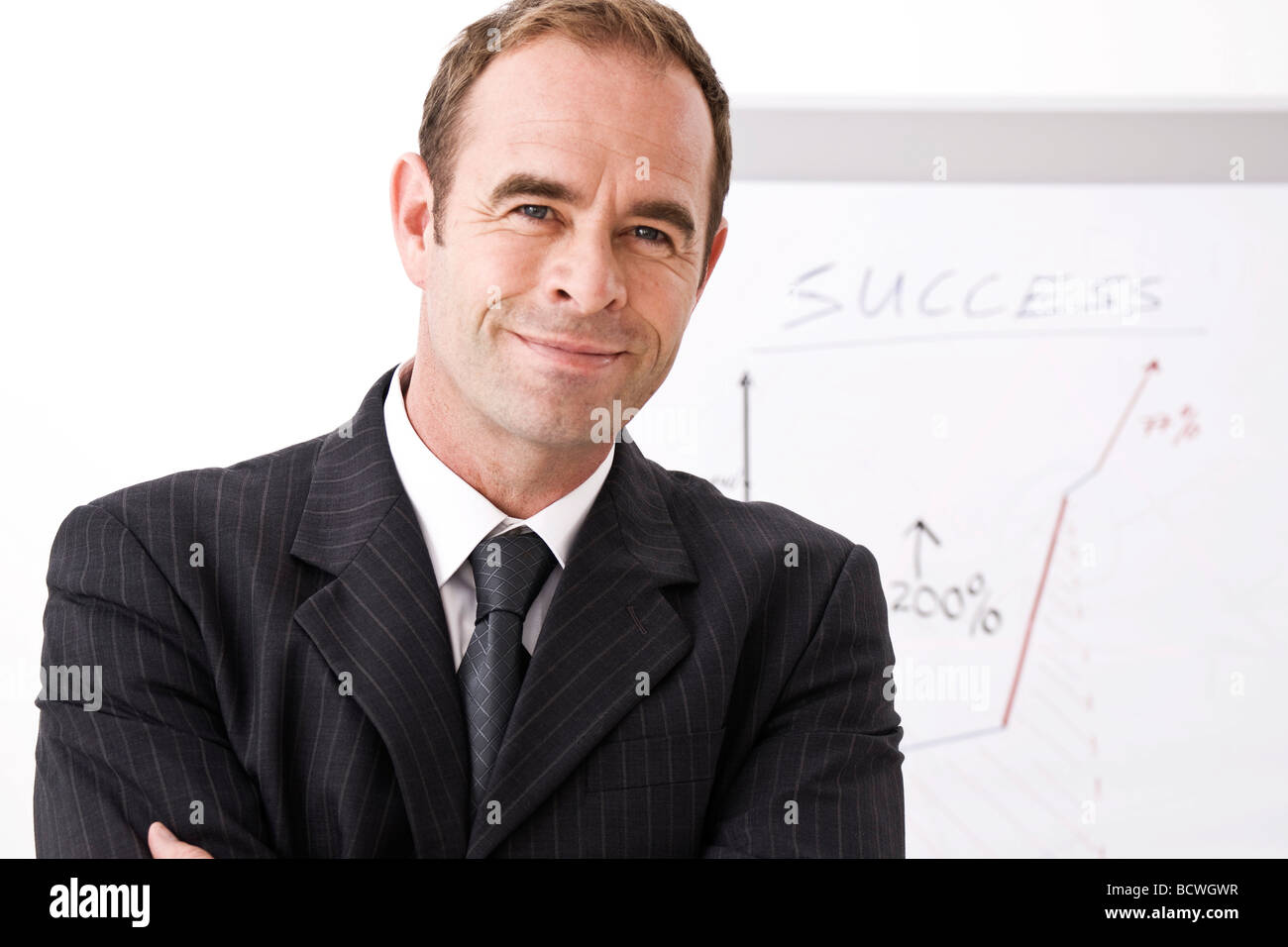 Manager smiling, standing in front of a flipchart Stock Photo Alamy