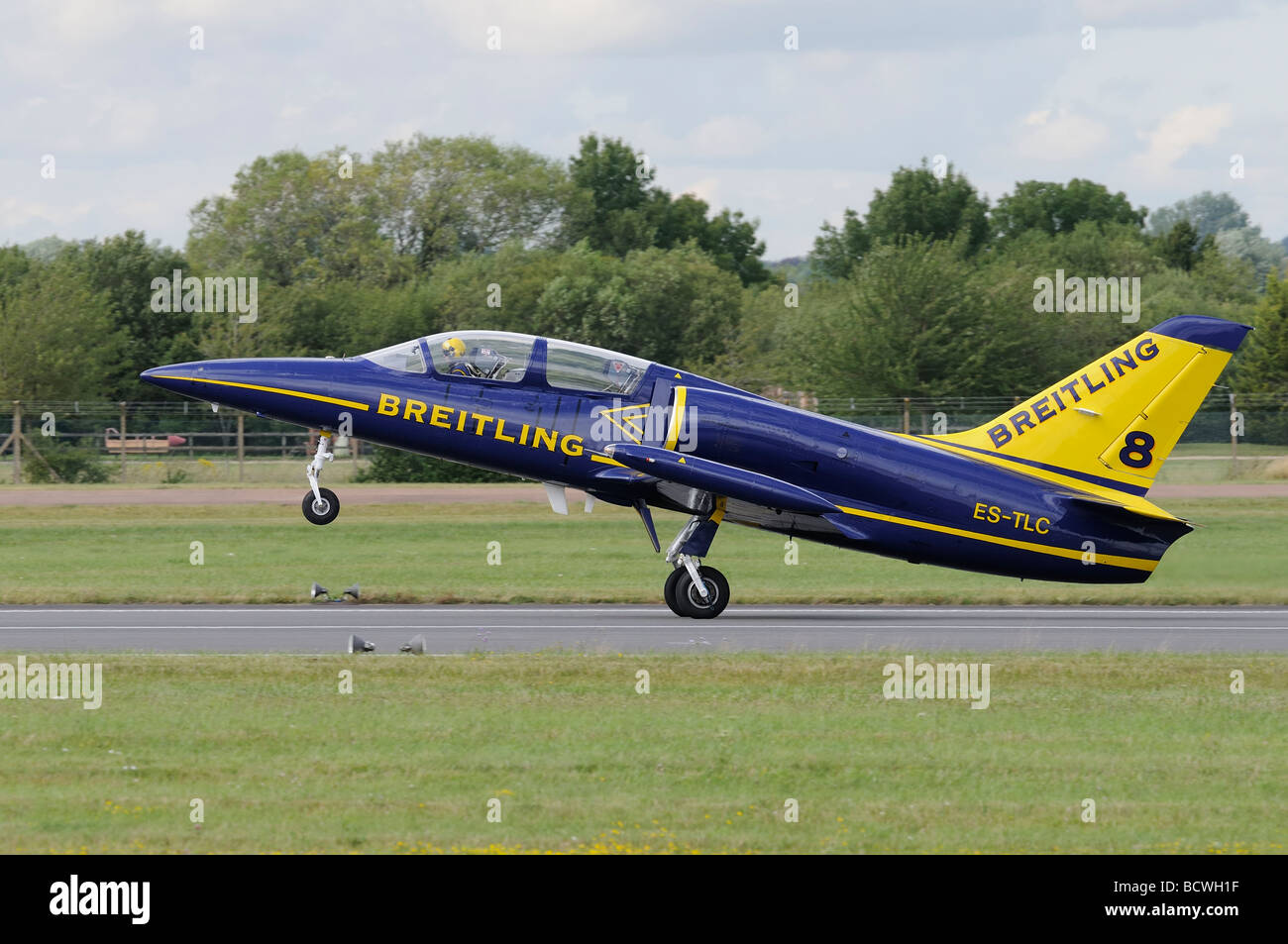 An L-39C Albatros, one of the Breitling Jet Team makes the most of his landing after displaying at the 2009 RIAT Stock Photo