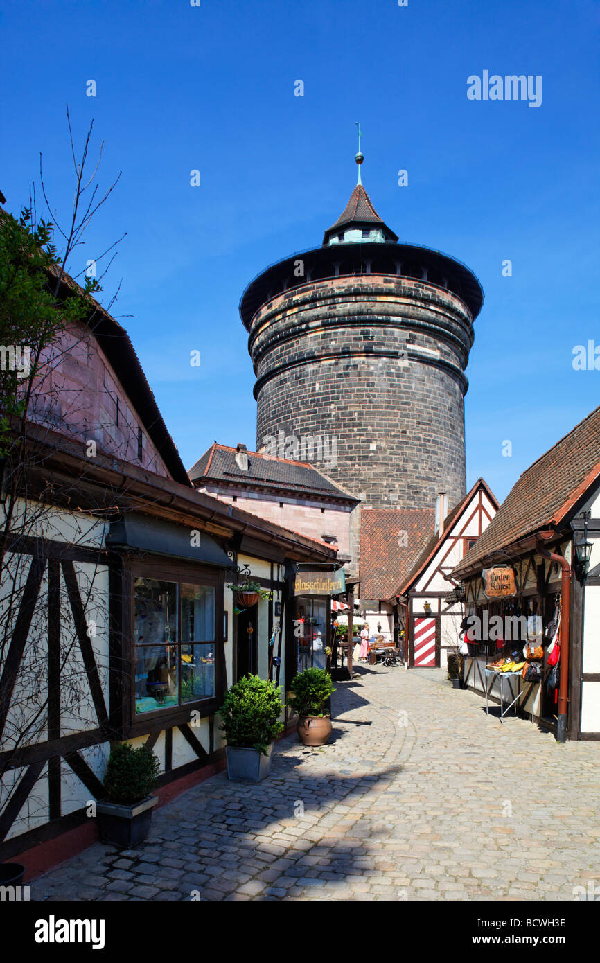 Craftsmen's yard 'Handwerkerhof', glasscutter, leather art, shops, fortified tower, half-timbered houses, historic district, Ci Stock Photo
