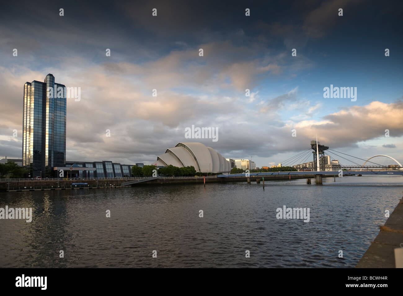 Hotel Crown Plaza, Clyde Auditorium and Bell Bridge at Clyde river, Glasgow, Scotland, United Kingdom, Europe Stock Photo