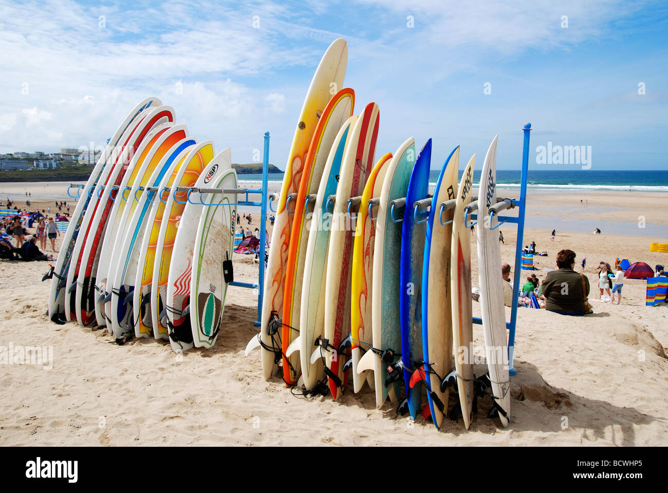 surfboards for hire at fistral beach,newquay,cornwall,uk Stock Photo