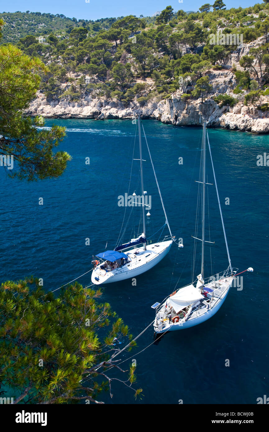 Sailboats moored in one of the Calanques near Cassis, Provence, France Stock Photo