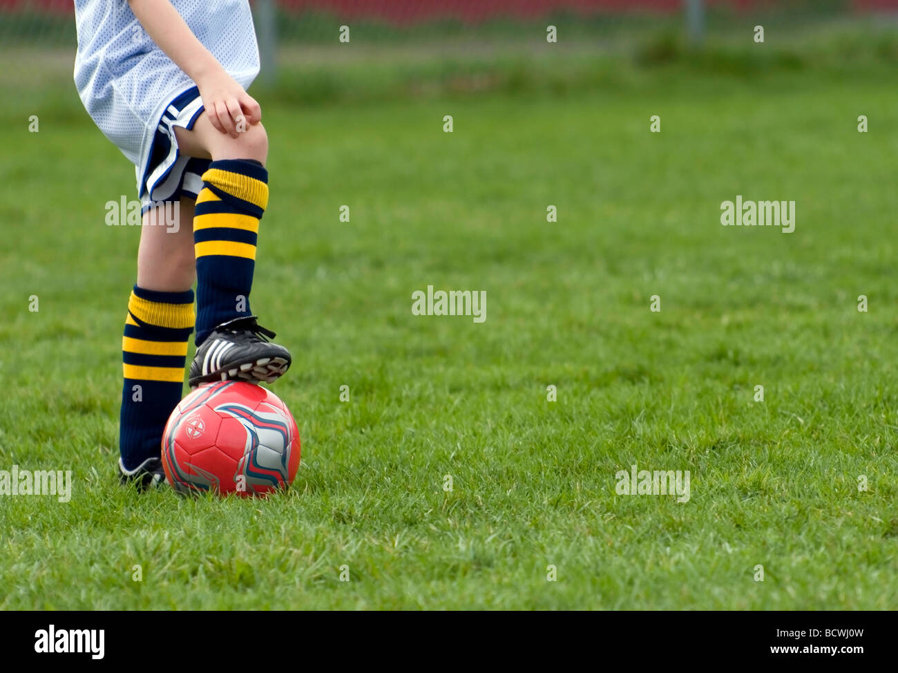 Young soccer player resting a foot on the ball during soccer practice