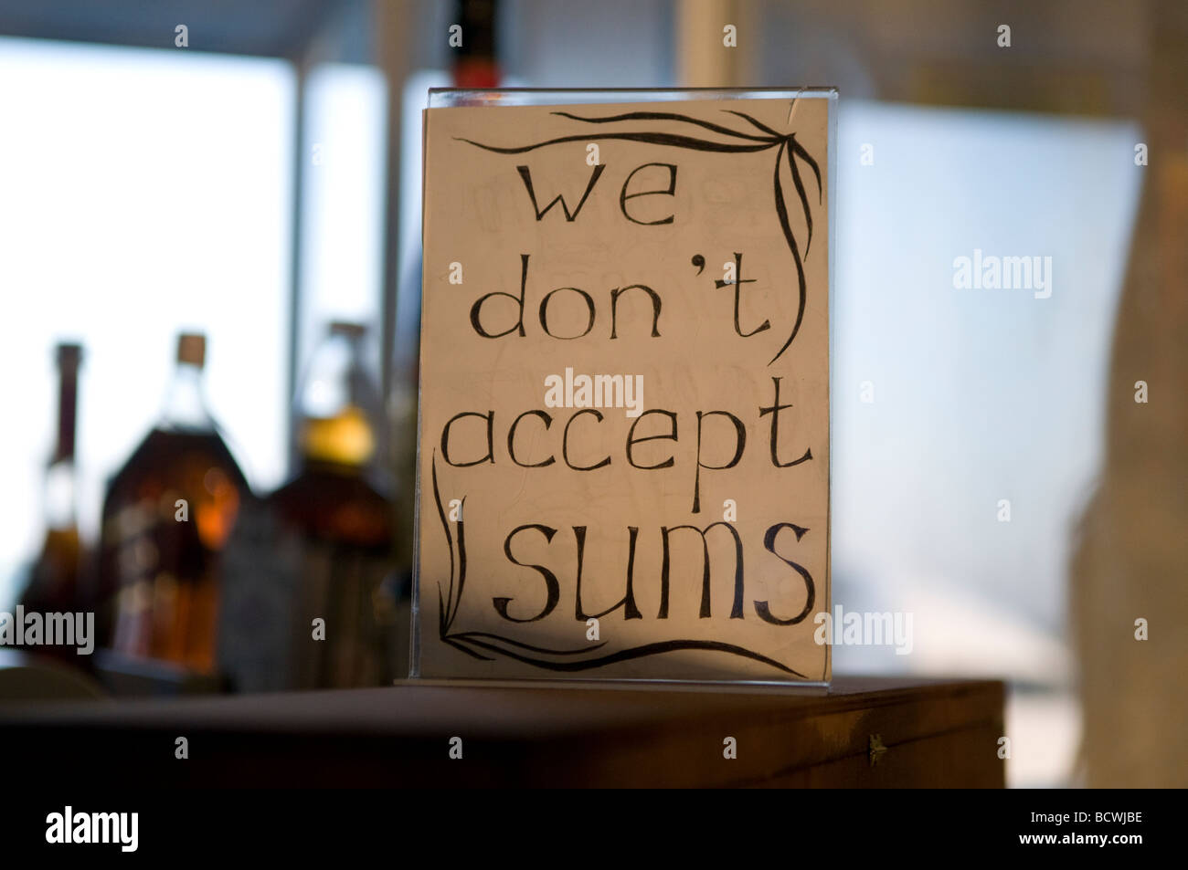 Sign reads ' We don't accept Sums' in a coffee bar in Tashkent International Airport Uzbekistan Stock Photo
