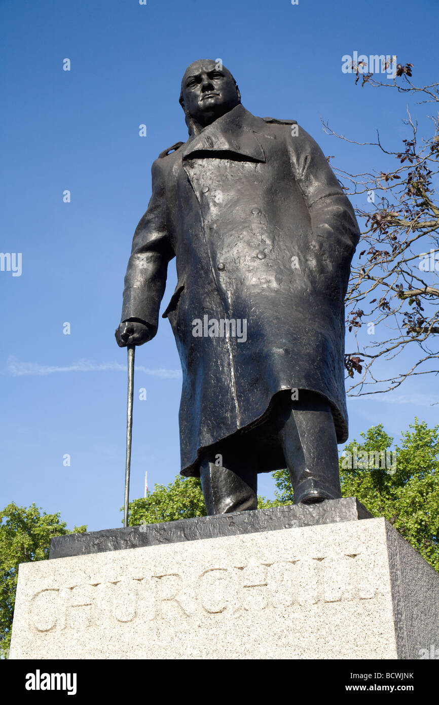 London - Winston Churchill statue by parliament Stock Photo