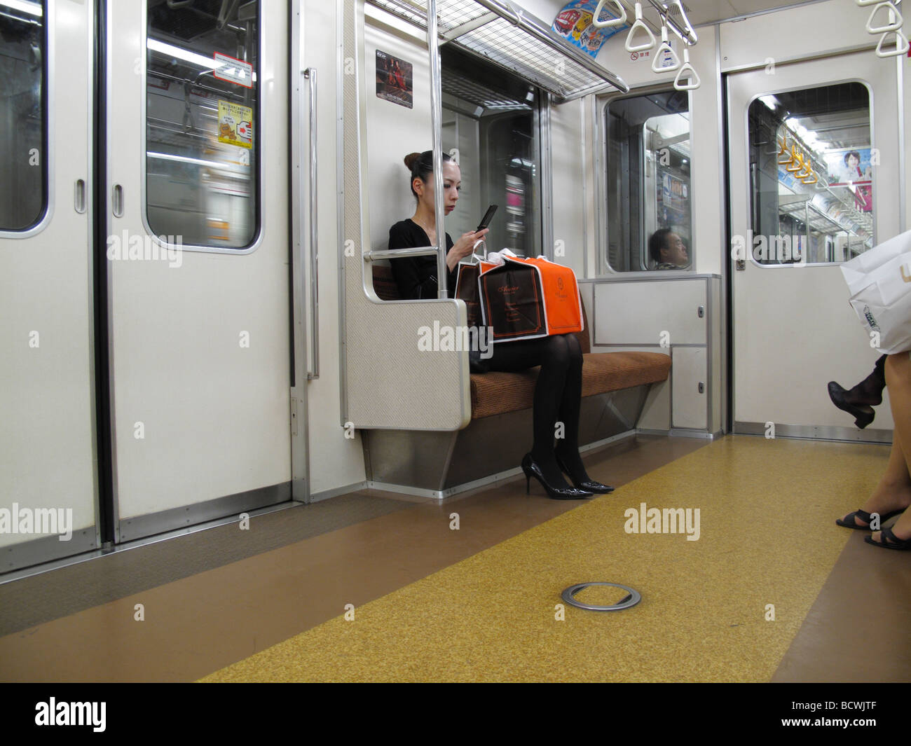 A commuter using a cellular phone in a subway metro train in Tokyo