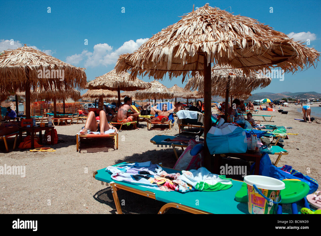 Busy beach in Greece Stock Photo