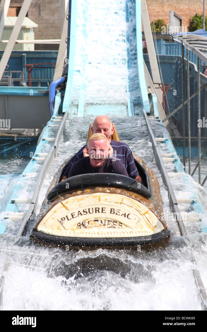 A family on the log flume at the Pleasure Beach, Skegness, Lincolnshire, England, U.K. Stock Photo