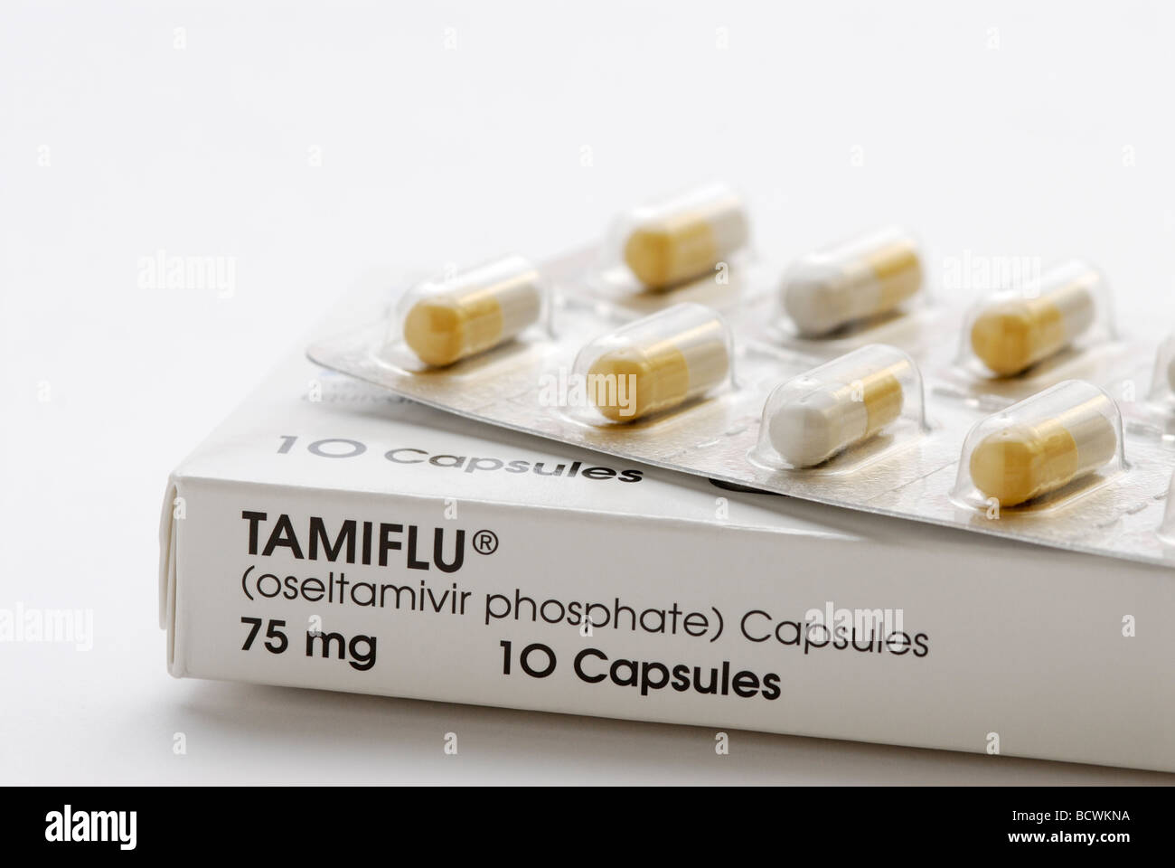 Tamiflu, oseltamivir, an antiviral medication used to treat influenza A and influenza B including swine flu and avian flu. Stock Photo