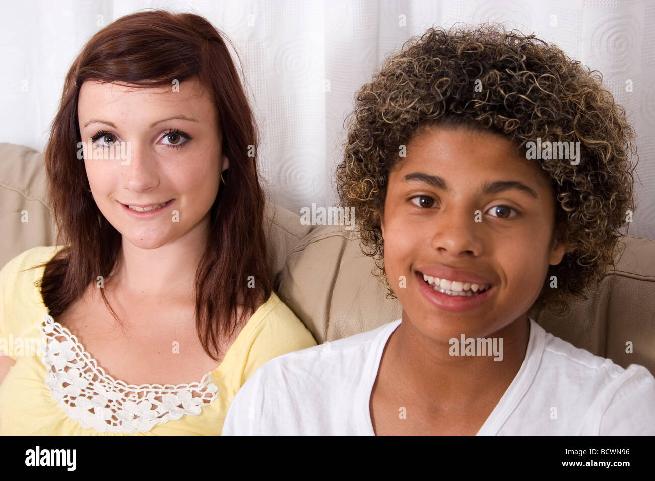portrait caucasian teenage girl and mixed race teenage boy Stock Photo