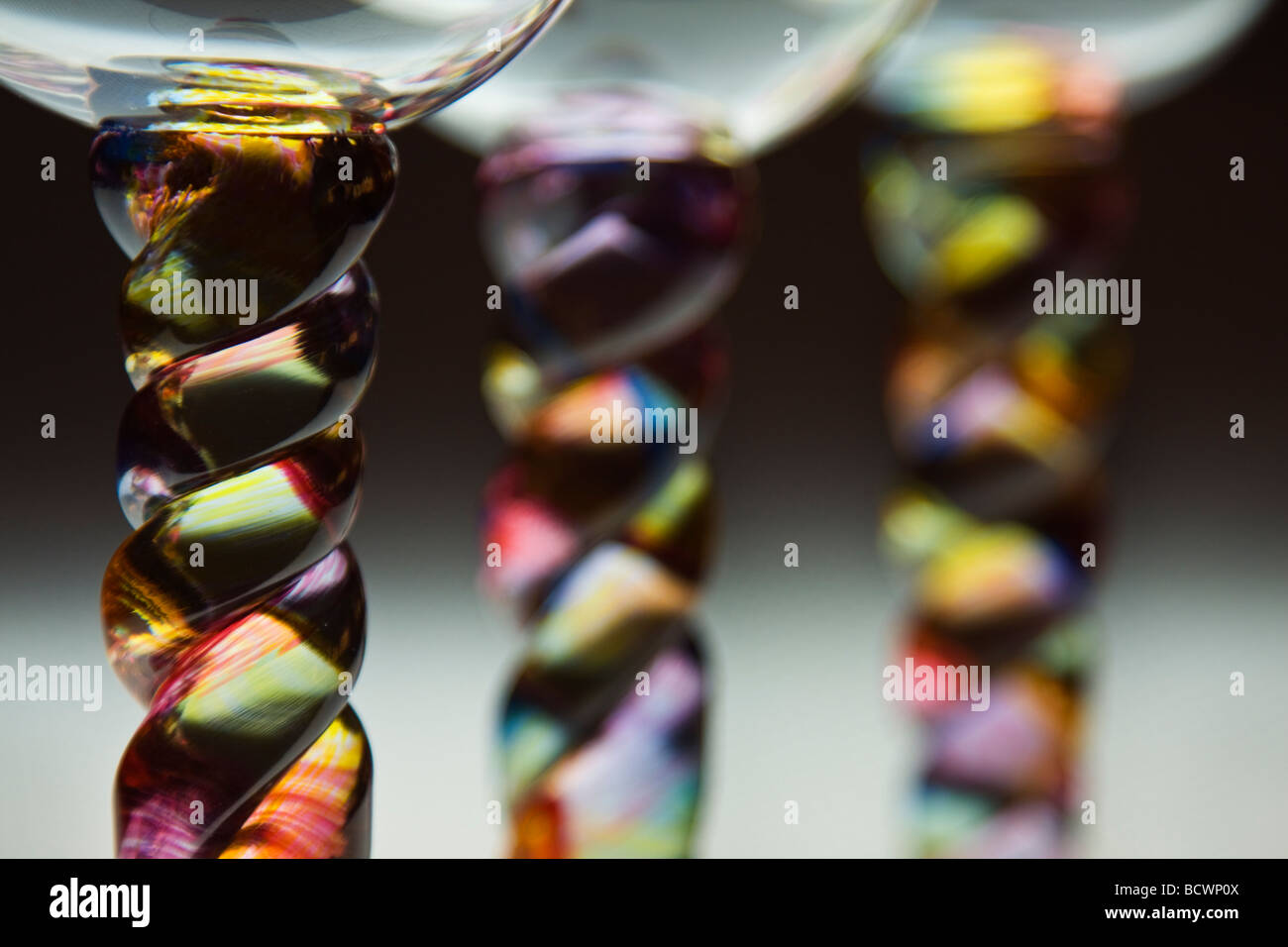 Hand blown coloured twisted stemmed wine glasses from the Potter Studio in Cornwall Stock