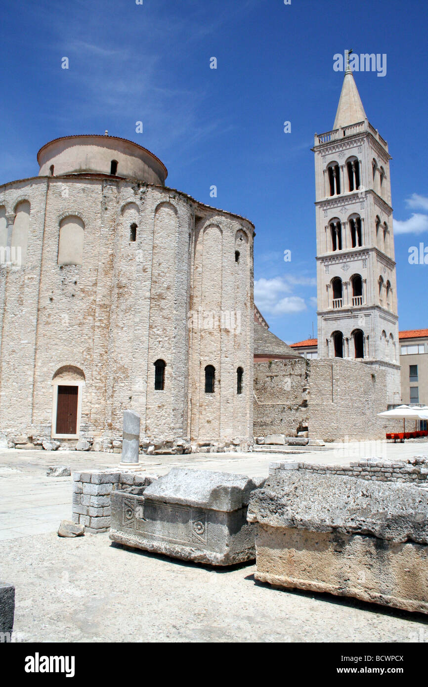St. Donat's Church and the Belltower of Zadar Cathedral on the old Roman Forum in Zadar in Dalmatia in Croatia. Stock Photo