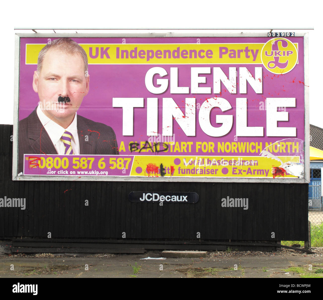 UKIP UK Independence Party billboards  for the Norwich North by-election in July 2009. All have been de-faced with graffiti Stock Photo