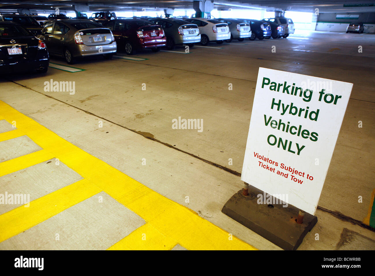 Privileged garage parking for hybrid cars, Boston Stock Photo