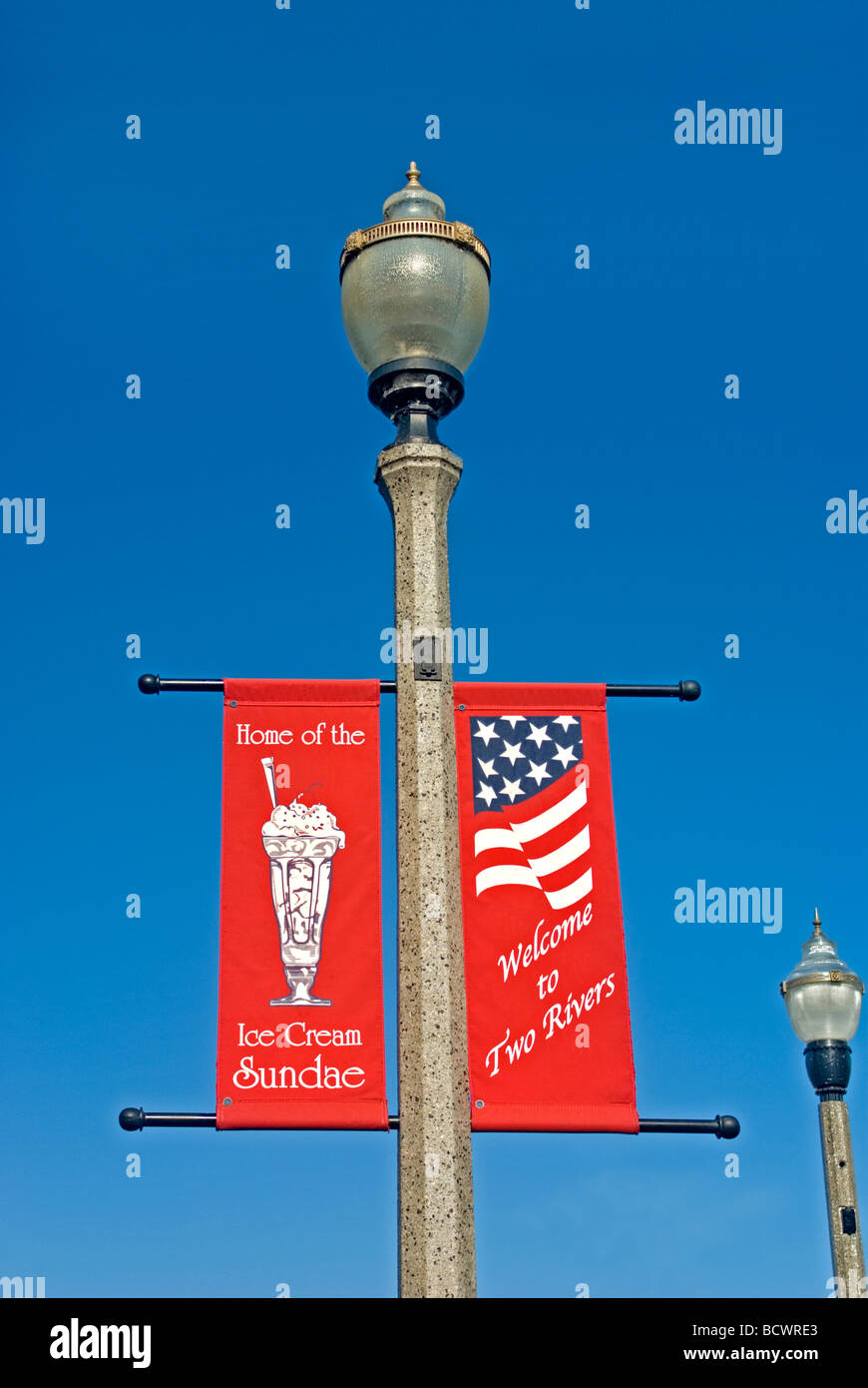 Promotional banner Two Rivers Wisconsin Home of Ice Cream Sundae Stock