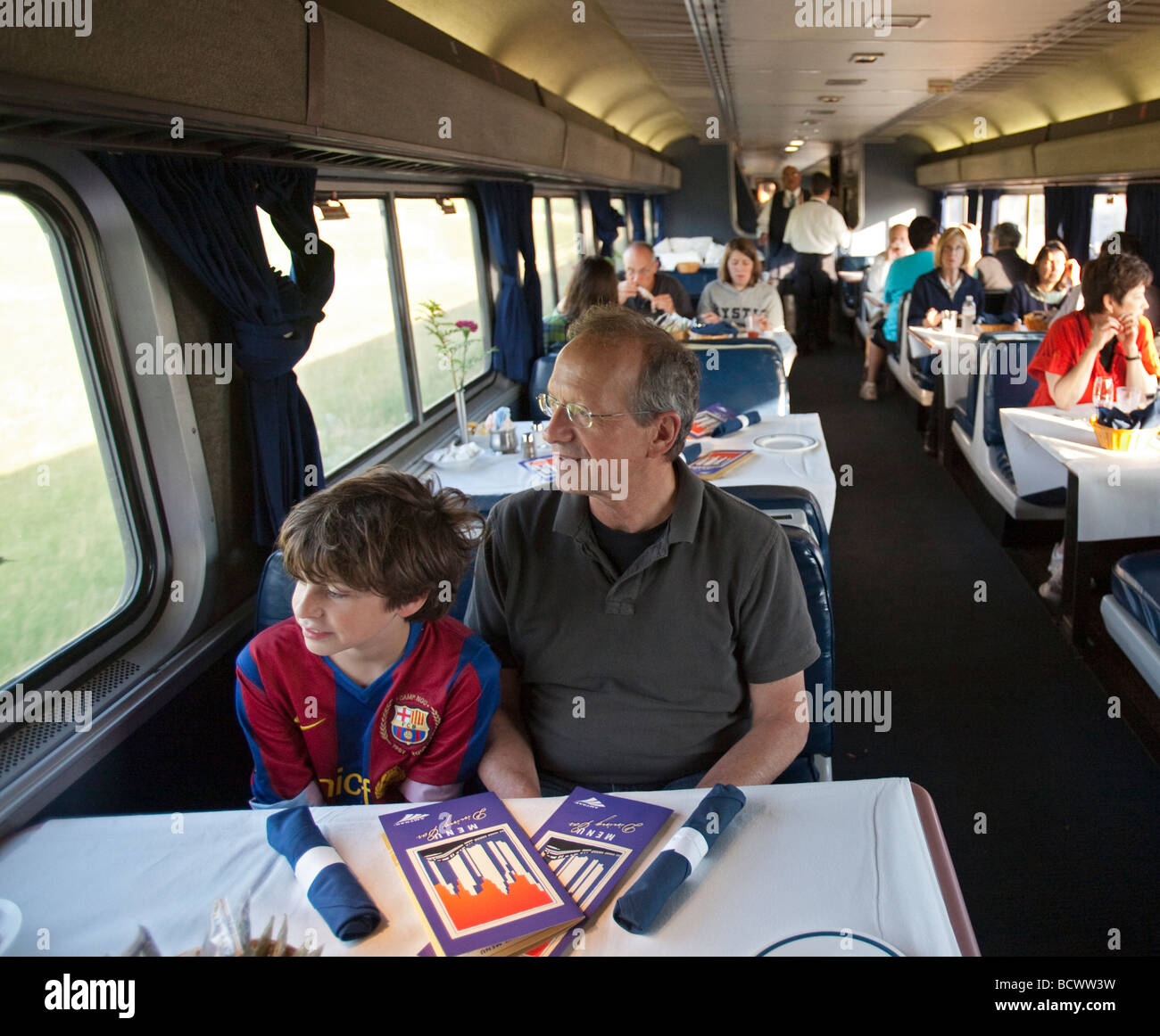 Aboard the California Zephyr Iowa A dining car on a transcontinental Amtrak train Stock Photo