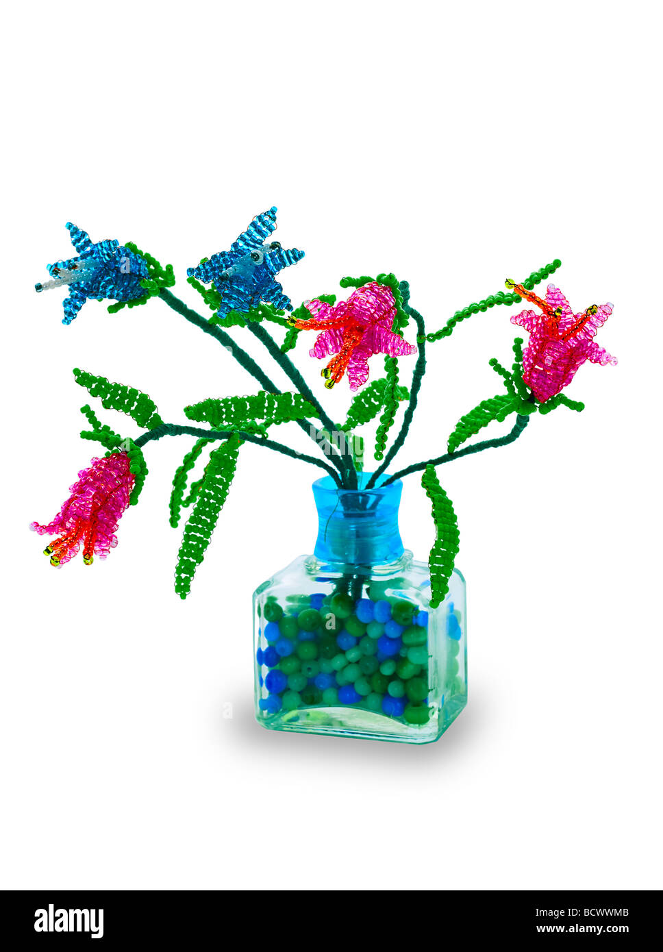 Handmade Article Vase With Flowers From Glass Beads And Wire Red