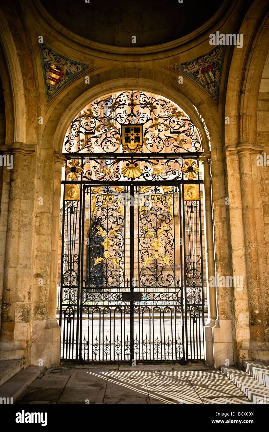 A cloister on the west side of the quadrangle in All Soul's college, Oxford. The gate leads out onto Radcliffe square. Stock Photo