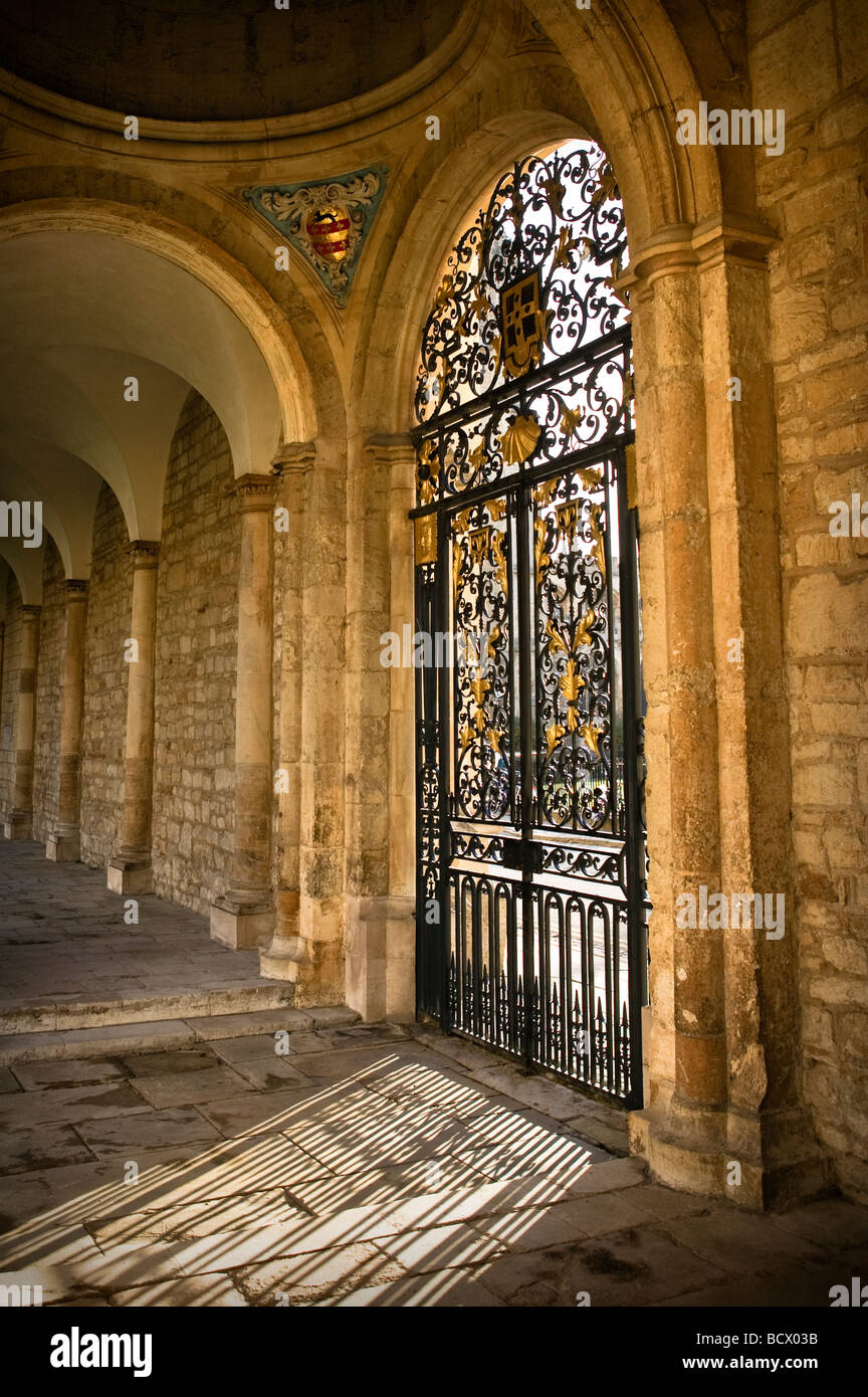 A cloister on the west side of the quadrangle in All Soul's college, Oxford. The gate leads out onto Radcliffe square. Stock Photo