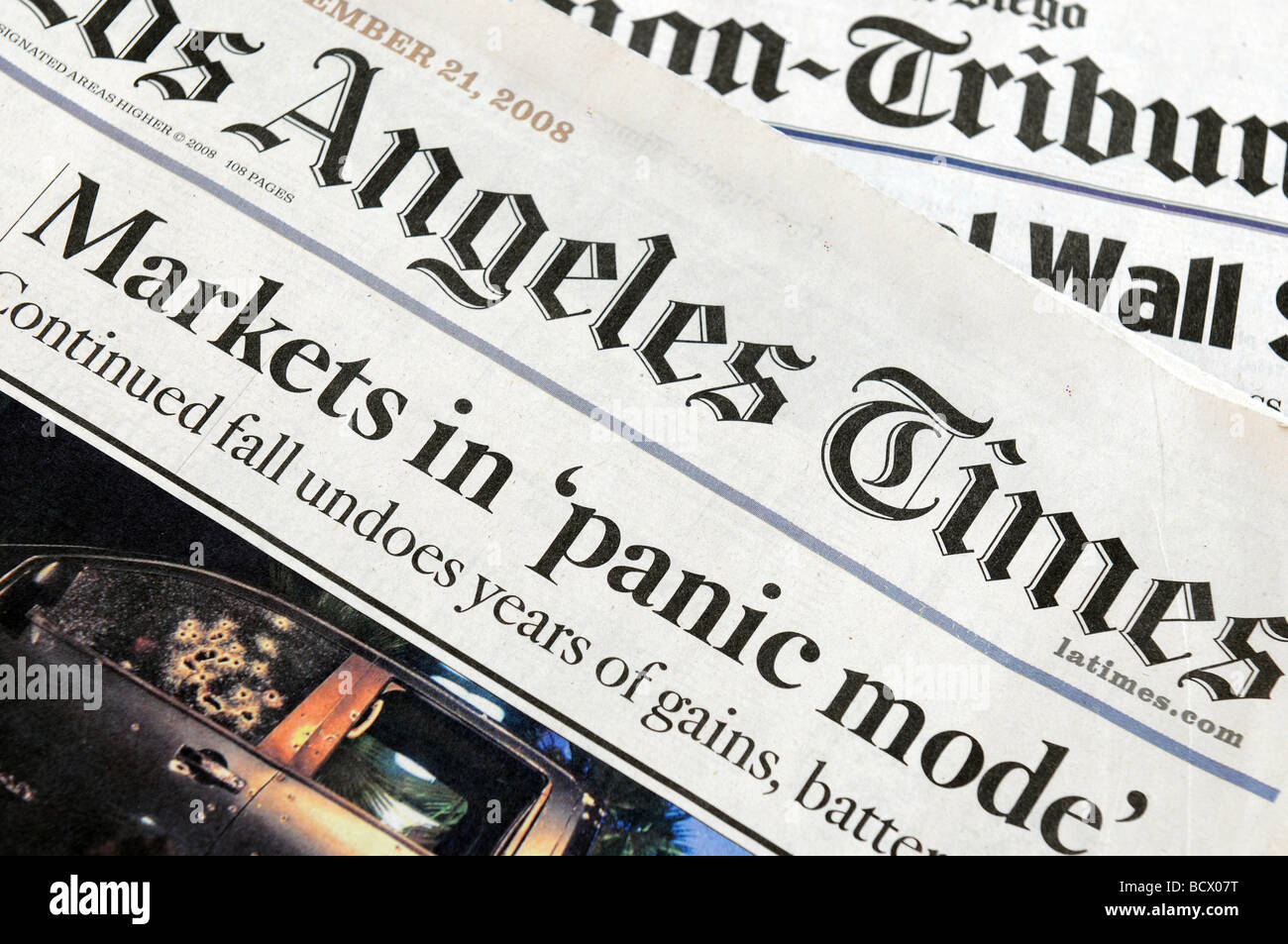 Markets In Panic Mode - newspaper headlines from November 21st, 2008 as the stock market melts down. Stock Photo