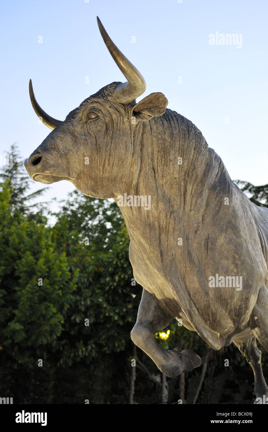 Statue commemorating the fighting bull in Plaza de Toros outside the Maestranza Bullring Ronda Andalusia Spain Stock Photo