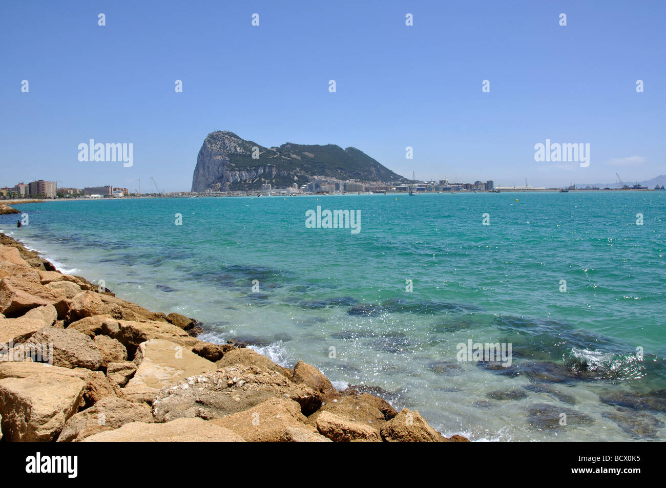 Rock of Gibraltar from La Línea de la Concepción, Cadiz Province, Andalucia, Spain Stock Photo
