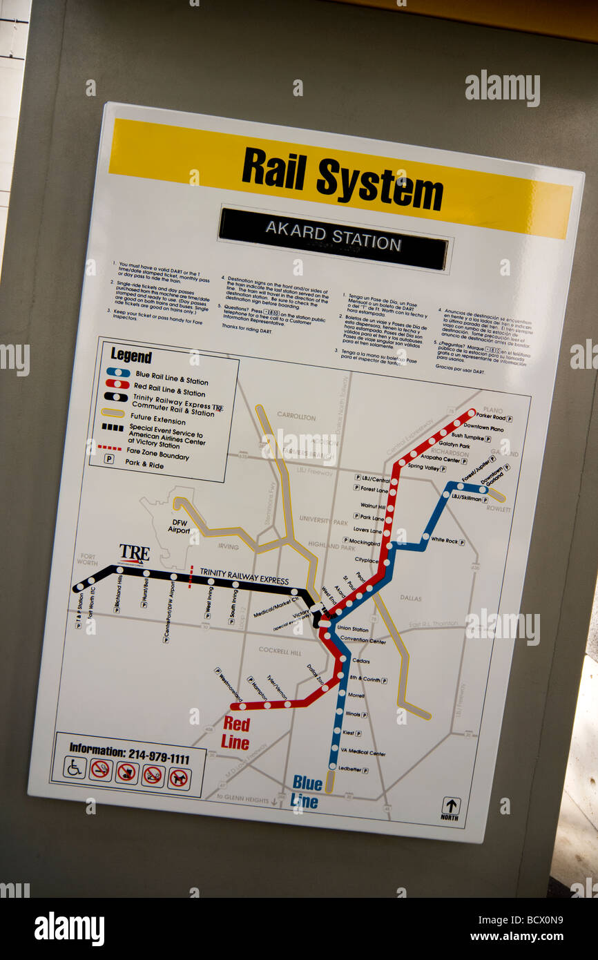 Dallas Area Rapid Transit DART D.A.R.T. light rail train route map at downtown Akard Station. Stock Photo