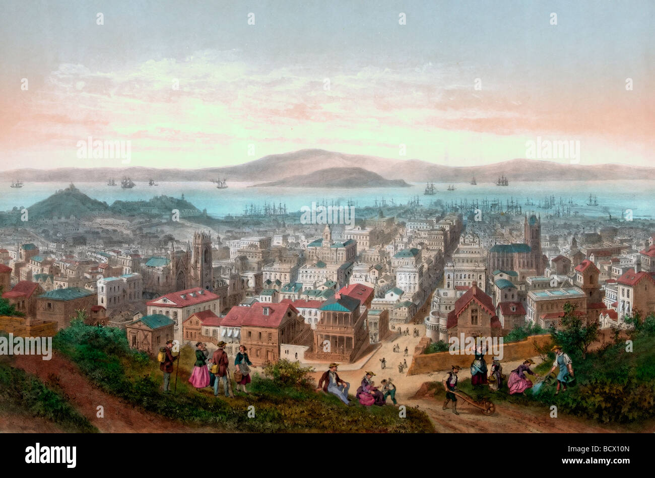 View of San Francisco, with people on hill in foreground, circa 1860 Stock Photo