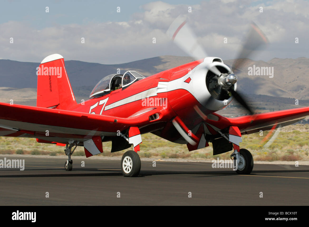 Goodyear built F2G-1 Super Corsair taxies along the ramp at Stead Field in Nevada Stock Photo