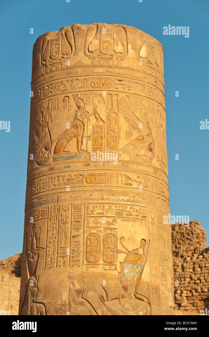 Egypt Kom Ombo Temple outdoor columns  pillars hieroglyphics Stock Photo