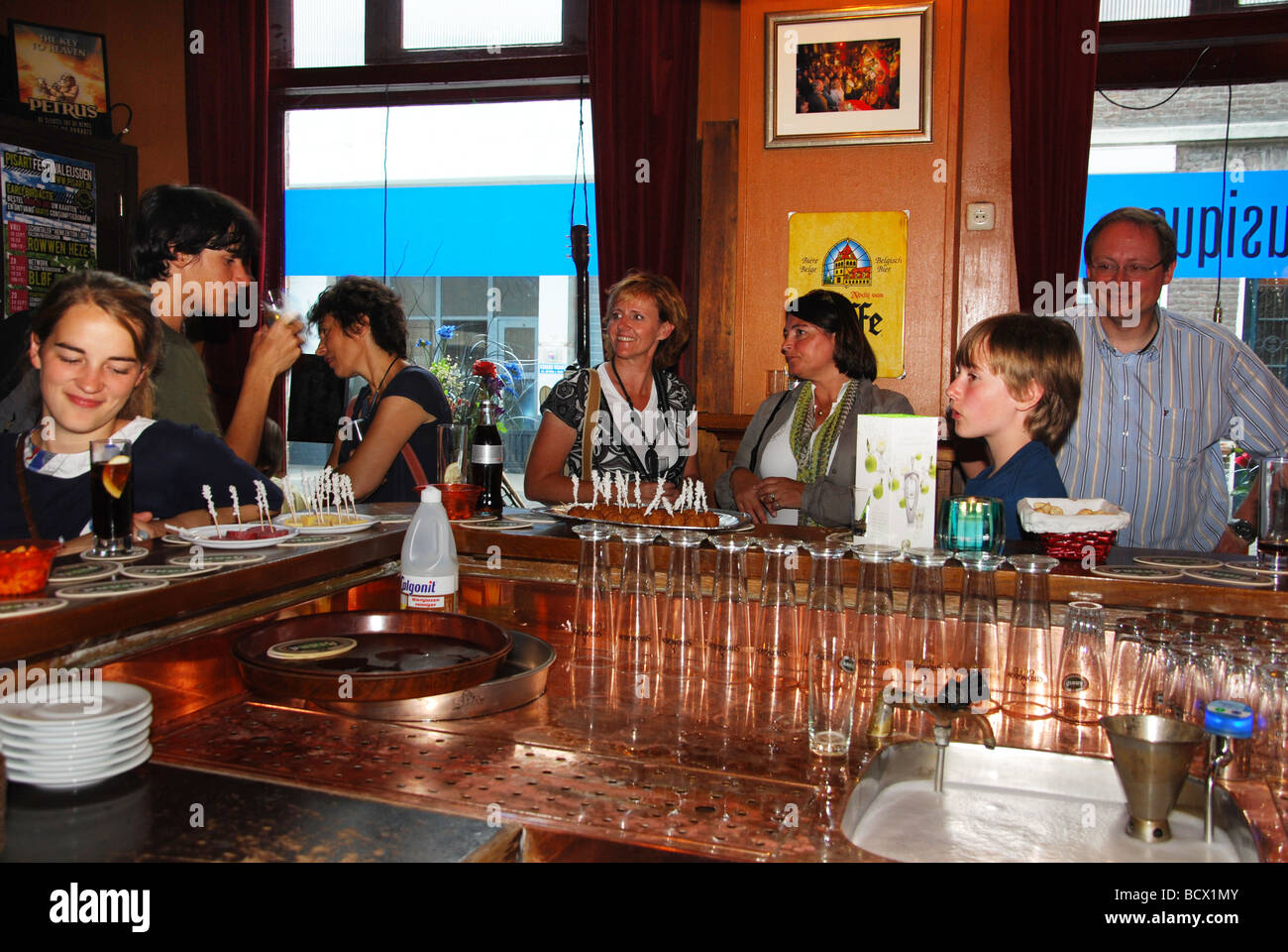busy local pub cafe De Belsj, Maastricht Netherlands Stock Photo