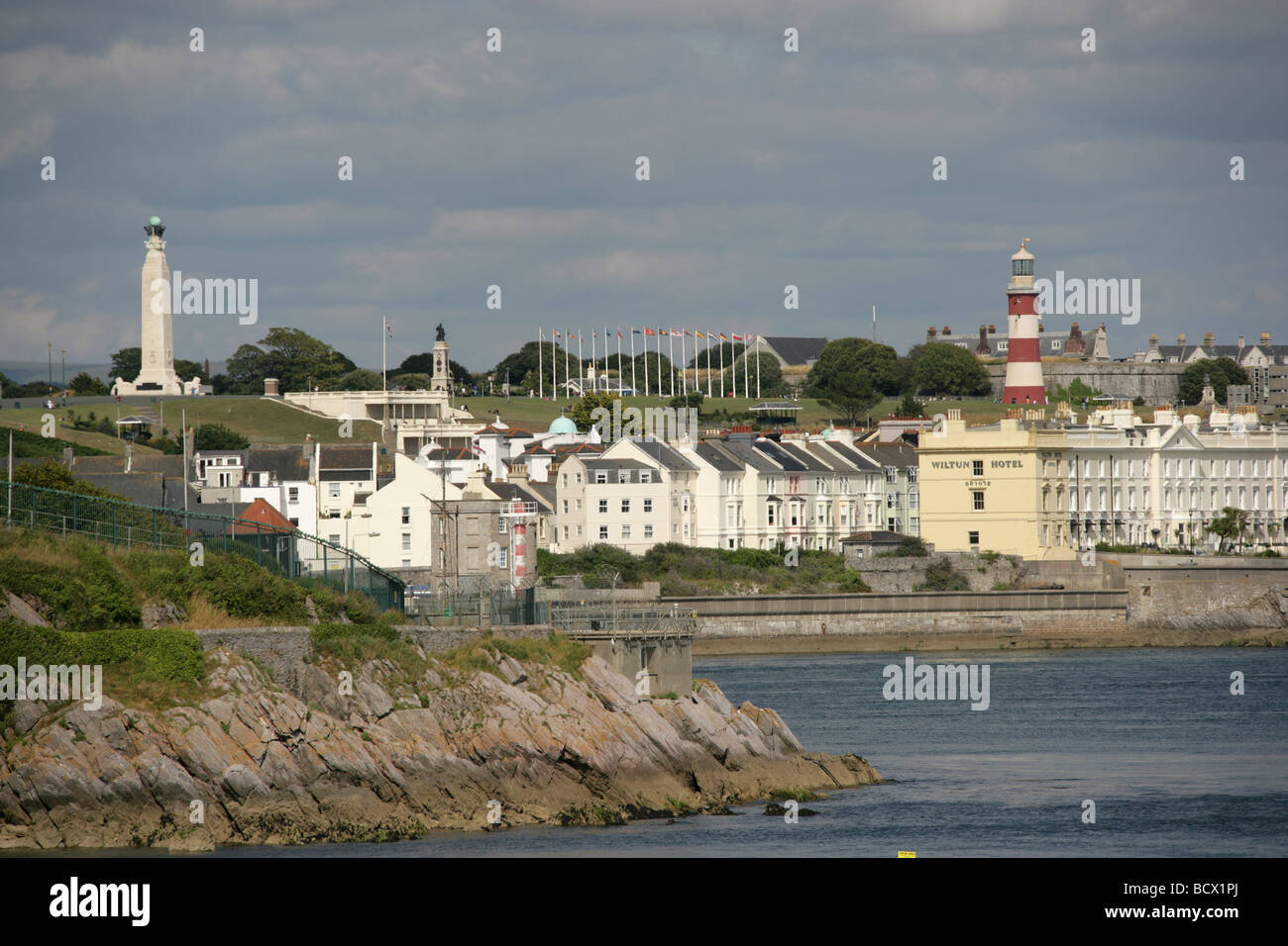 City of Plymouth, England. Plymouth Sound and waterfront, with the Hoe in the distant background. Stock Photo