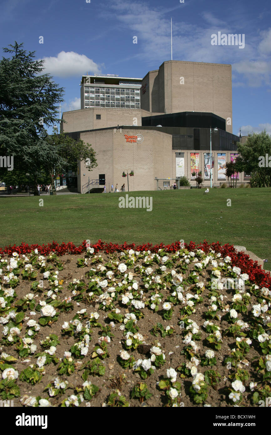 City of Plymouth, England. Flower beds at Plymouth’s Derry’s Cross Roundabout with the Theatre Royal complex in the background. Stock Photo