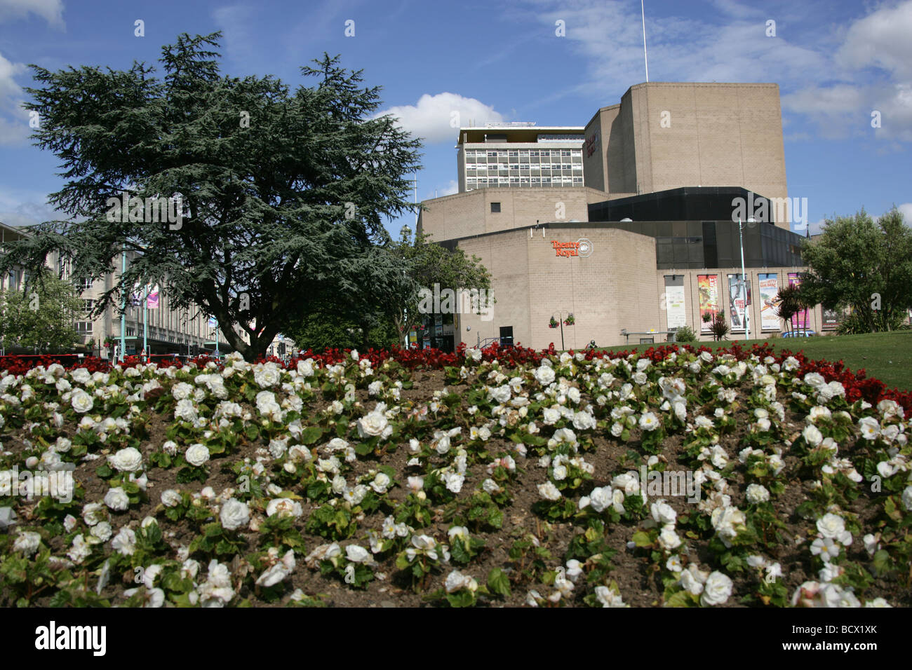 City of Plymouth, England. Flower beds at Plymouth’s Derry’s Cross Roundabout with the Theatre Royal complex in the background. Stock Photo