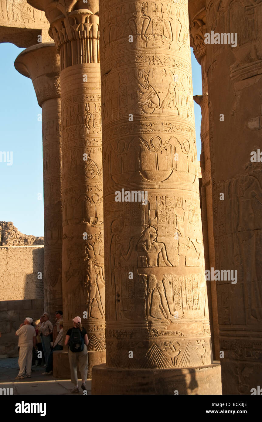Egypt Kom Ombo temple pylons columns reliefs hieroglyphs hypostyle hall Stock Photo