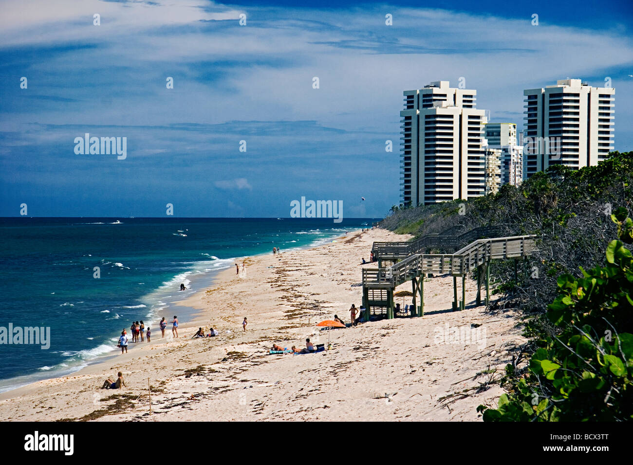 John D. MacArthur Beach State Park, high-rise condominiums and hotels on Singer Island in distance , North Palm Beach,  Atlantic Stock Photo