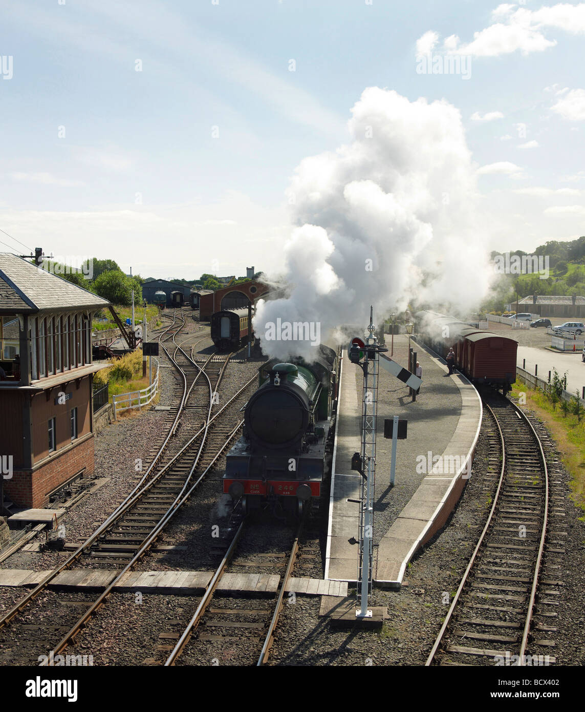 Steam locomotive at Bo'ness Station, on the Scottish Railway Preservation Society Line, Nr Falkirk, Scotland Stock Photo