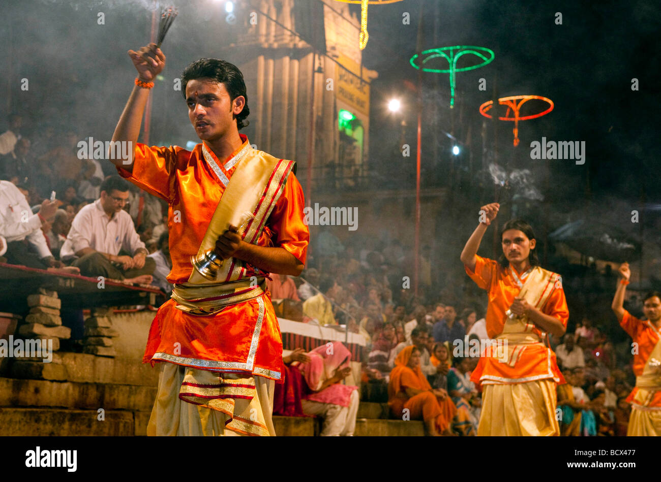 Ganga Aarti Evening Dawn Nightime Ceremony  At The Dasaswamedh Ghat Varanasi India Stock Photo