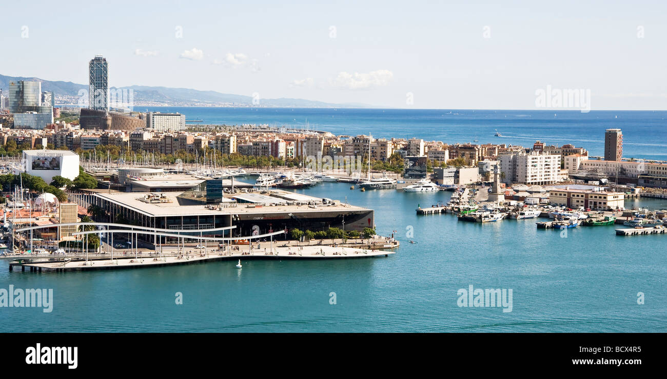 Barcelona Port Vell Maremagnum commercial center and Rambla de Mar footbridge Catalonia Spain Stock Photo