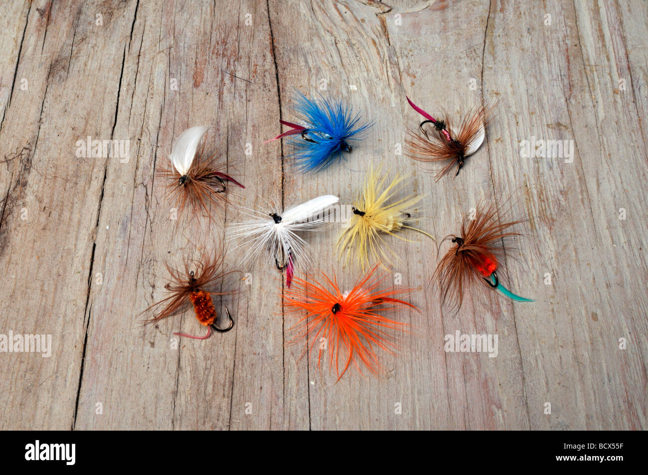 Fly fishing flies on wood Stock Photo Alamy