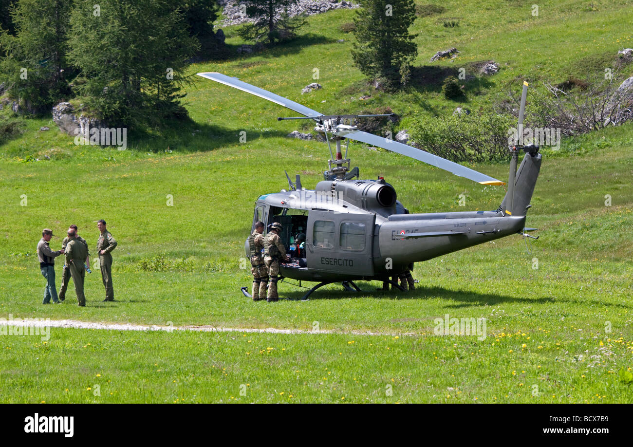 Italian Army and Helicopter on Manouevres, Dolomites, Italy Stock Photo