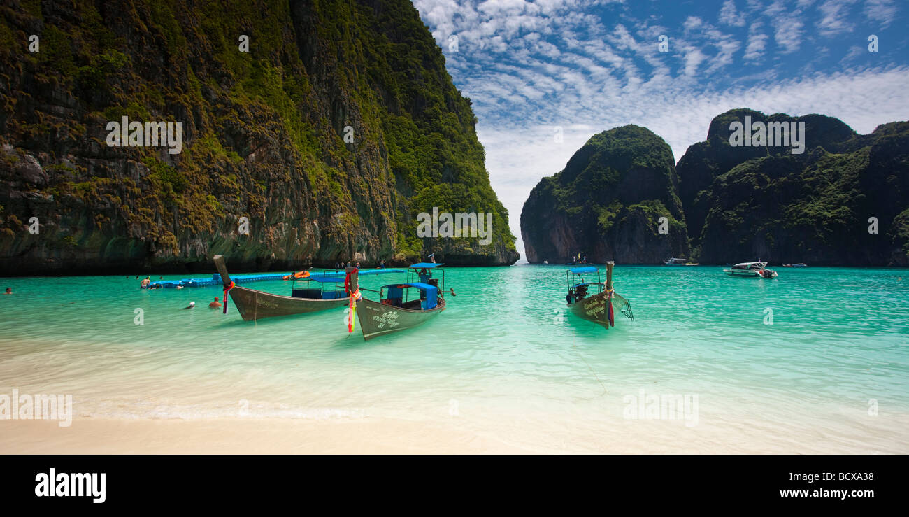 Longtail boats at Ko Phi Phi Leh, or better known as Ao Maya or 'The Beach', in the Andaman Sea, Thailand Stock Photo
