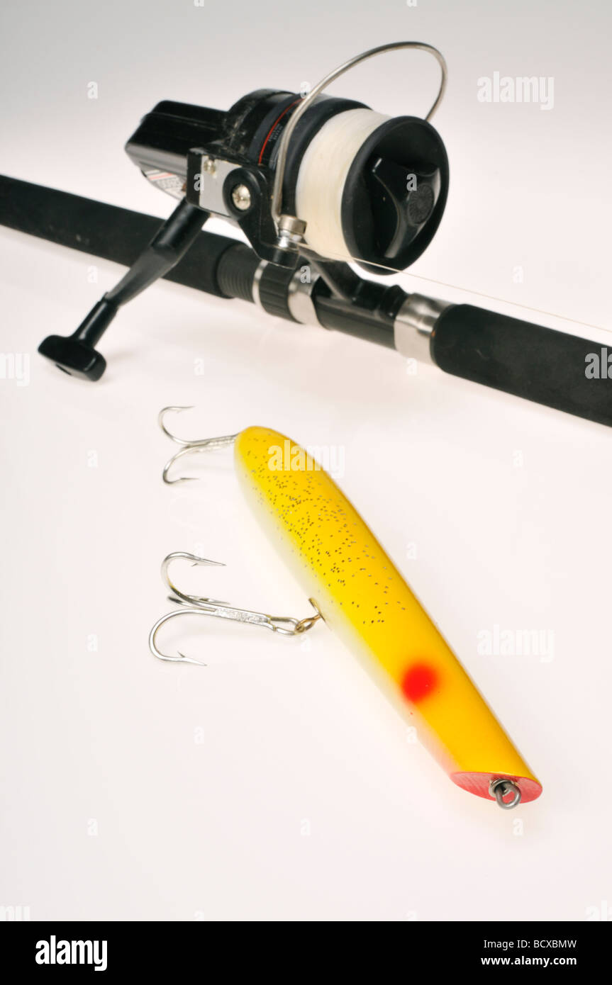 Saltwater surf casting rod and spinning reel with lure Stock Photo