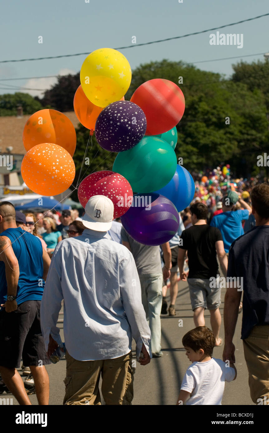 Crowd of people preparing for the Bristol Rhode Island parade, oldest