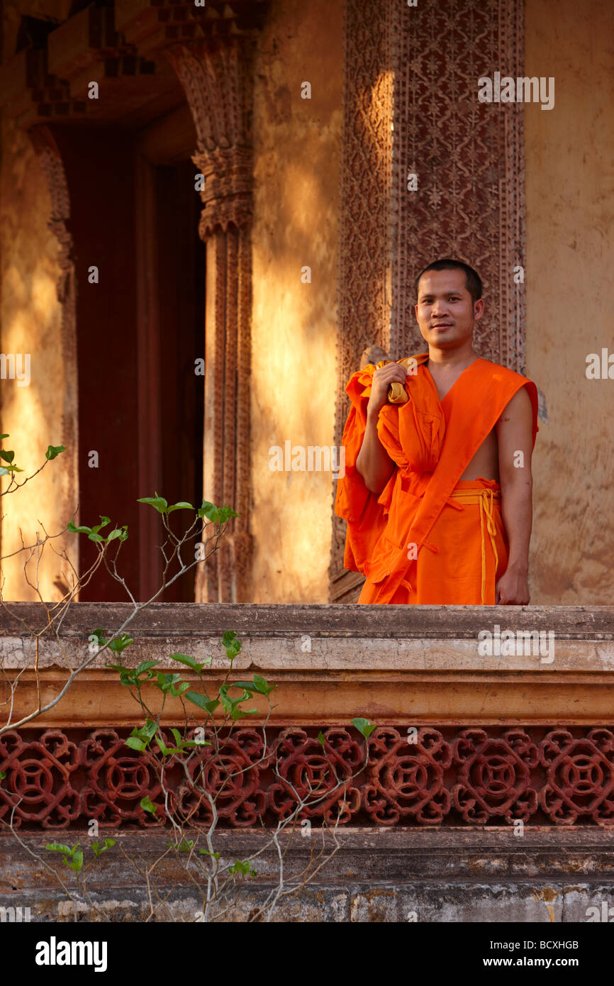 a monk at Wat Sisaket, Vientiane, Laos Stock Photo