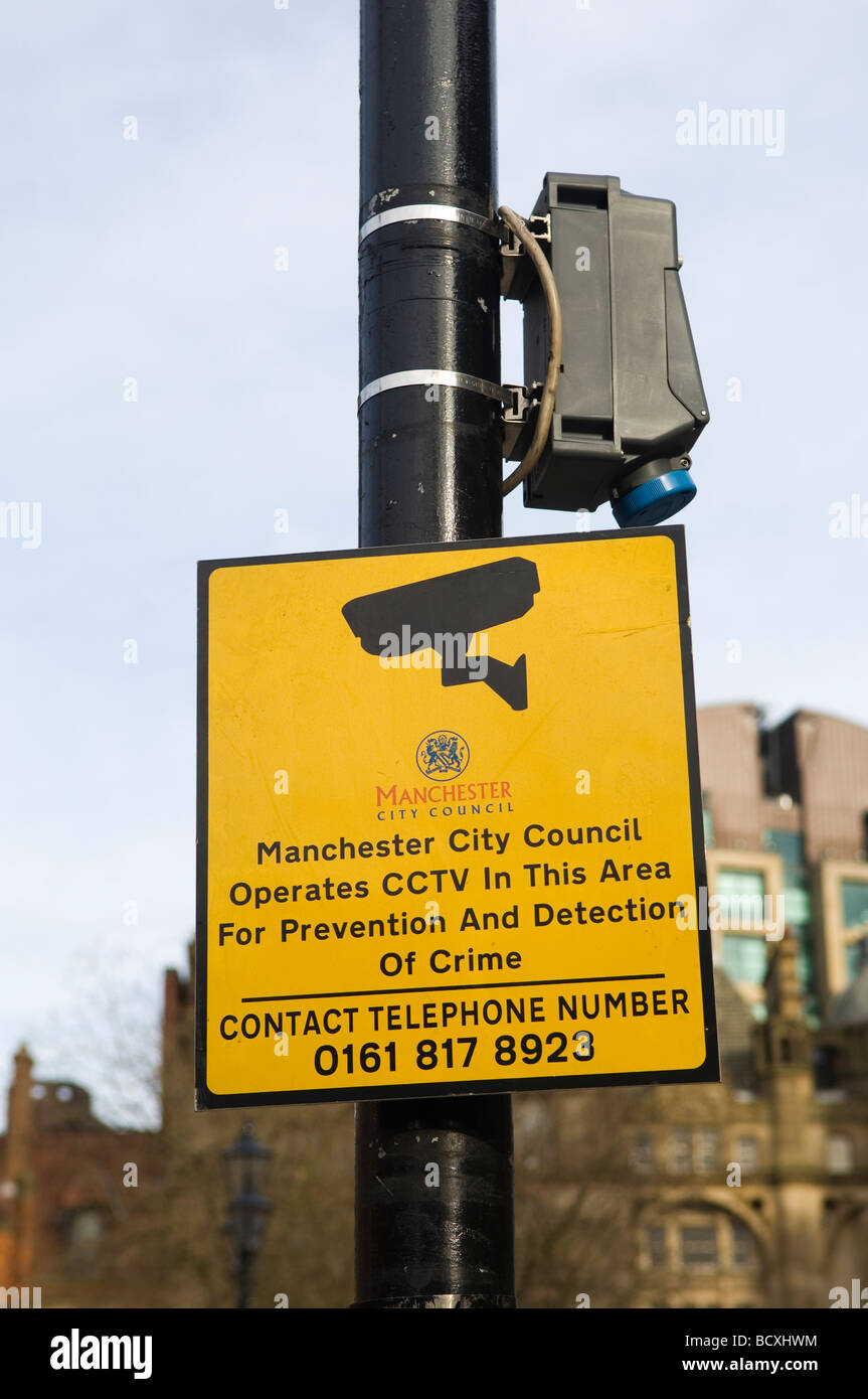 CCTV sign and camera in Albert Square in Manchester city center UK Stock Photo