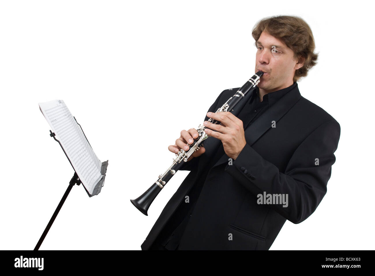 A photograph head-and-shoulders of Joël JORDA clarinettist. Portrait du clarinettiste Joël JORDA jouant de son instrument. Stock Photo